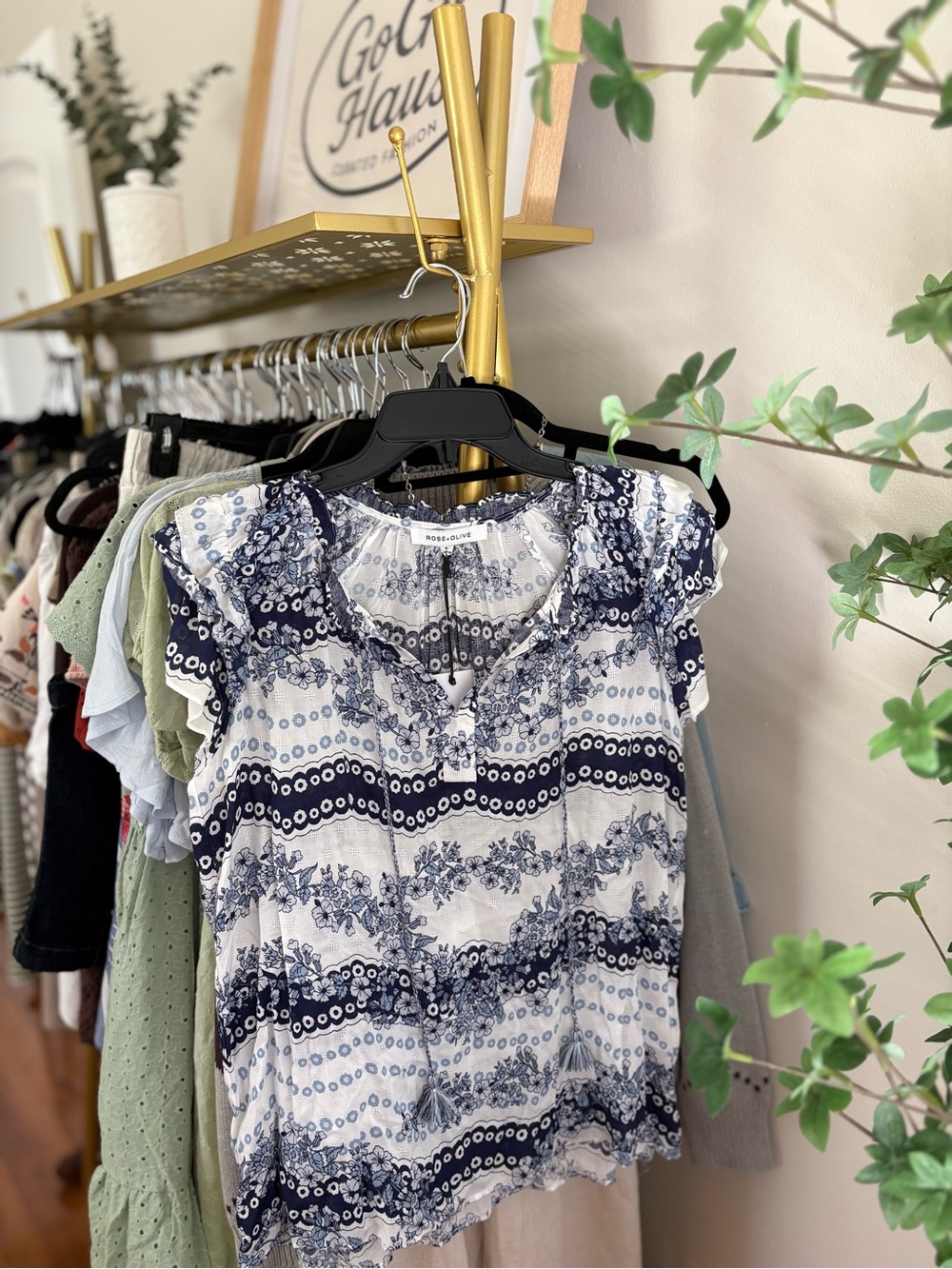 Rose & Olive Navy and White Floral Stripe Flutter Sleeve Blouse